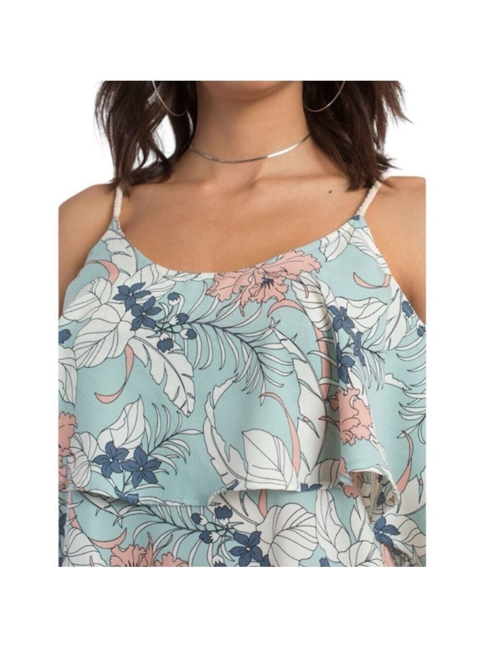 Boho cottagecore blue coral floral tiered flowy cropped tank top L